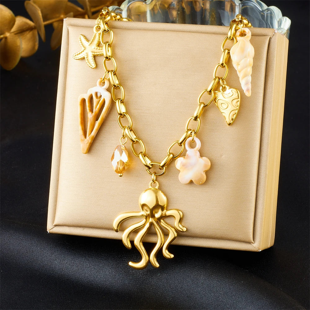 Gold octopus pendant necklace with shell charms